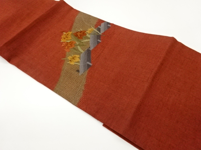 JAPANESE NAGOYA OBI / TSUMUGI / EMBROIDERY / FLORAL PLANTS